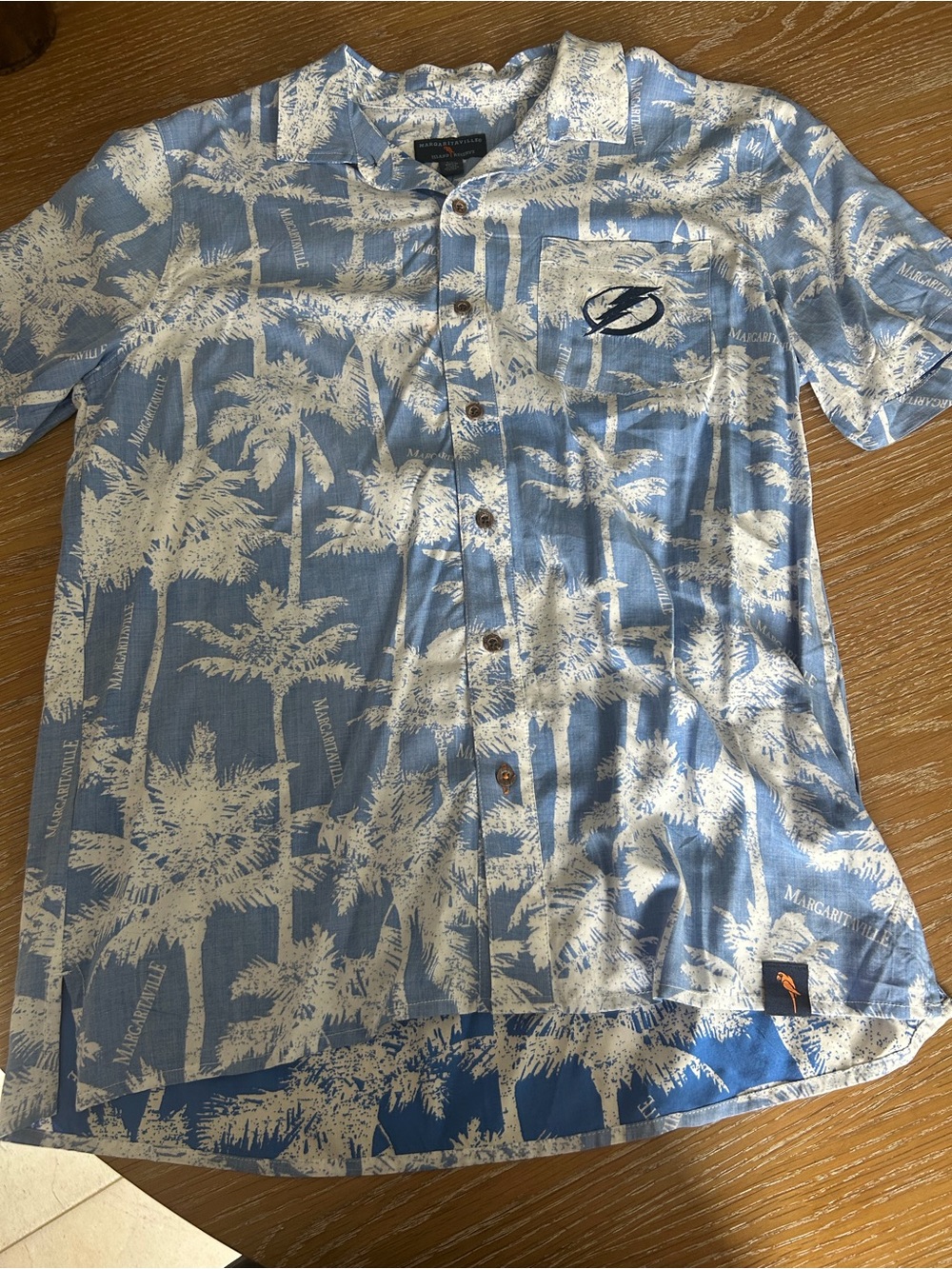 Margaritaville Light Blue and White Palm-Print Short Sleeve Camp Shirt